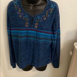 St. John's Bay Blue and Purple Crew Neck Sweater with Floral Embroidery